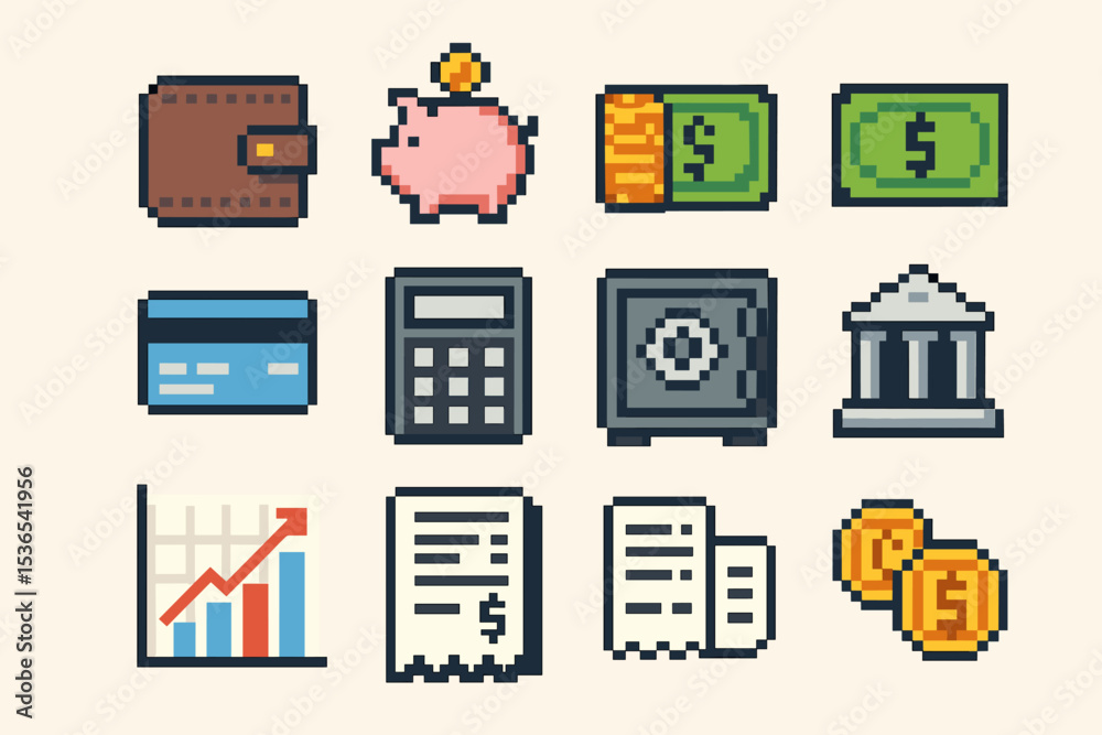 Retro pixel art money icons featuring wallet, piggy bank, and coin stack