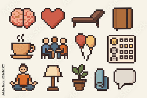 Pixel art icons: brain, heart, furniture, balloons, meditation, plant, lamp, towels, speech bubble
