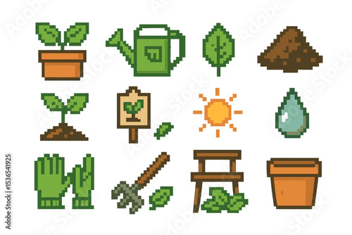 Pixel art gardening icons: tools, plants, sun, water, soil for gardening inspiration