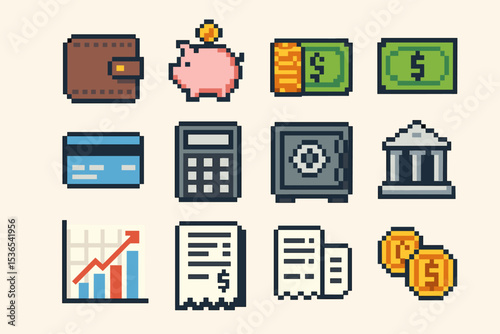 Retro pixel art money icons featuring wallet, piggy bank, and coin stack