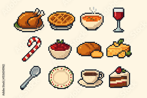 Pixel art feast: turkey, pie, soup, wine, candy, fruits, bread, cheese, cutlery, cake