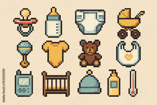 Retro pixel art baby essentials: pacifier, bottle, diaper, teddy bear, crib, stroller