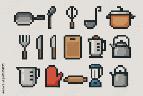 Pixel art kitchen utensils set with pans knives and blender