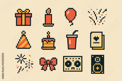 Pixel art party icons: gift, cake, balloon, candle, and more celebratory symbols