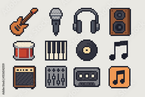 Retro pixel art icons: musical instruments and sound equipment collection