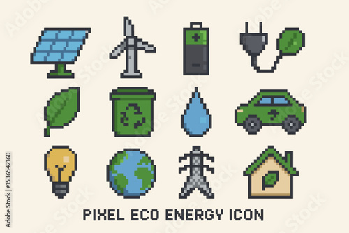 Pixel art eco energy icons: solar, wind, recycling, electric car, sustainable energy