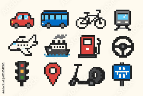 Pixel art transportation icons: car, bus, bicycle, airplane, ship, gas station, traffic light