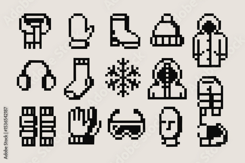 Pixel art winter clothing icons: cozy wear for cold weather outfit planning