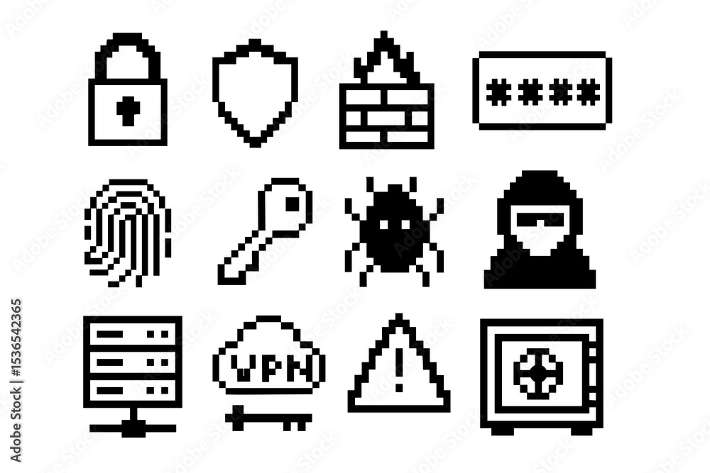 Pixel icons of cybersecurity elements: lock, firewall, vpn, and virus protection symbols
