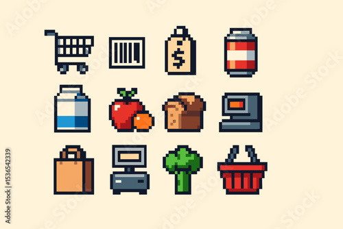 Colorful pixel art collection of grocery items including icons of food and shopping essentials