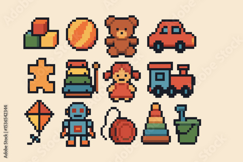Pixel art retro toys collection: bear train robot kite blocks