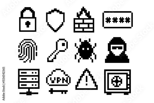 Pixel icons of cybersecurity elements: lock, firewall, vpn, and virus protection symbols