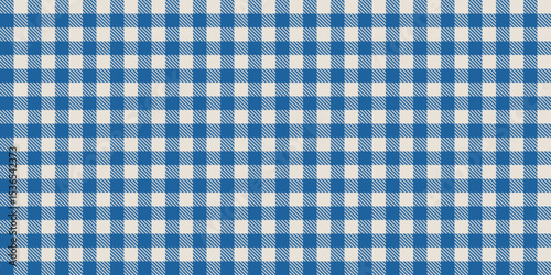Seamless vector pattern with blue gingham check squares and diagonal stripes, traditional picnic tablecloth fabric texture, classic plaid background for textiles, crafts, decorations, design projects