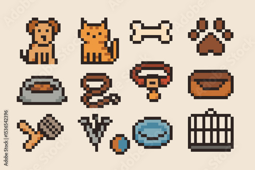 Pixel art pet icons: dog, cat, accessories, and supplies