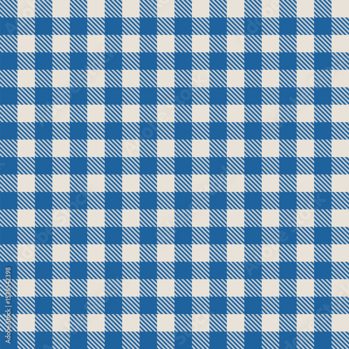 Seamless vector pattern with blue gingham check squares and diagonal stripes, traditional picnic tablecloth fabric texture, classic plaid background for textiles, crafts, decorations, design projects