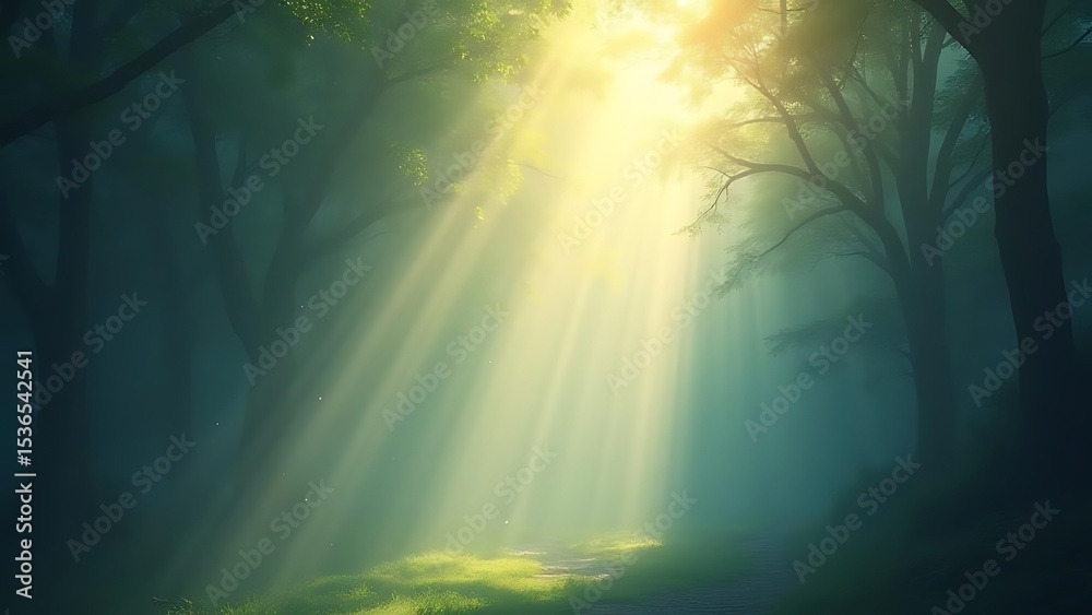 Fototapeta premium Sunbeams Piercing the Mystical Forest