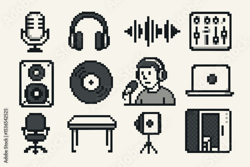 Retro pixel art of audio equipment icons including microphone, headphones, and vinyl record