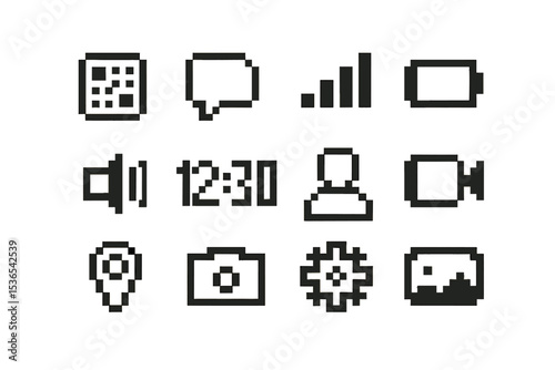 Retro style pixel icons on grungy background featuring tools and technology