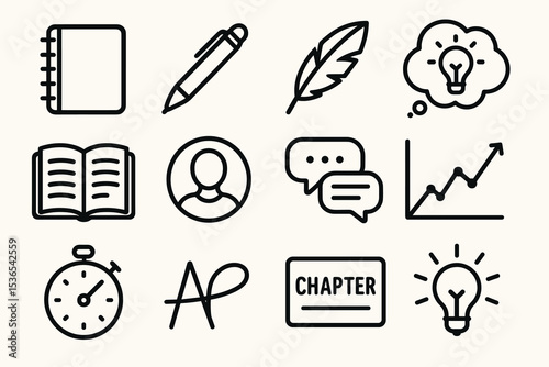 Icons of writing and creativity: notebook, pen, feather, ideas, and communication