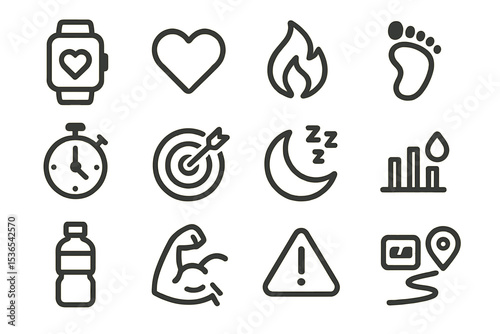 Fitness and health icons collection featuring heart, fire, target, stopwatch, and muscle symbols
