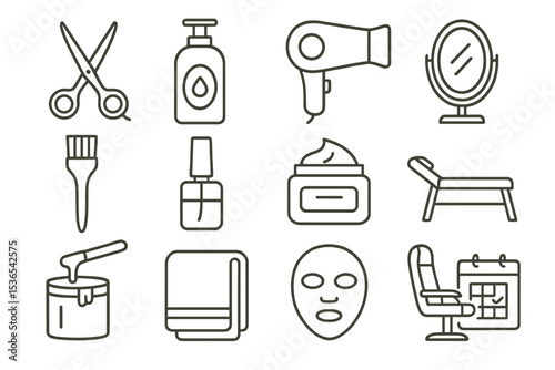 Salon essentials: hairdryer, scissors, cosmetics, mirror, and spa tools icons