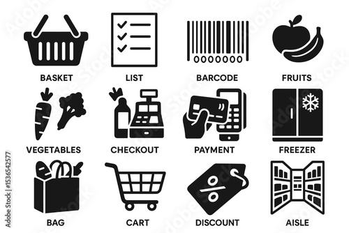 Supermarket icons: baskets, barcodes, checkouts, payments, vegetables, freezers