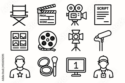Film production icons: chair, clapperboard, camera, script, storyboard, film reel, lighting, microphone