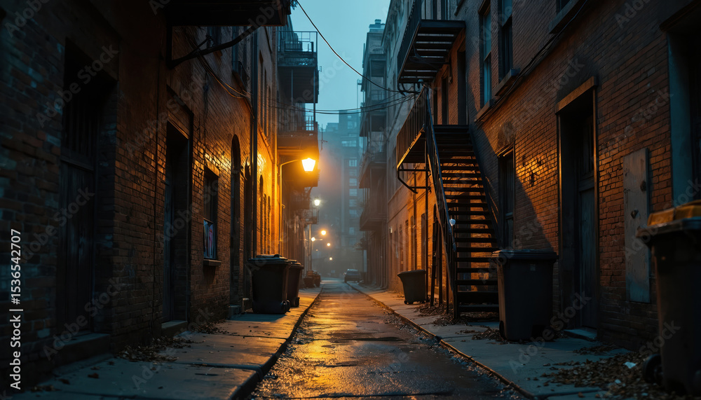 Fototapeta premium Gritty urban alleyway at night with flickering lights. Decaying brick walls with metal staircase. Wet asphalt reflects lamp lights. Ominous crime scene location, noir atmosphere.