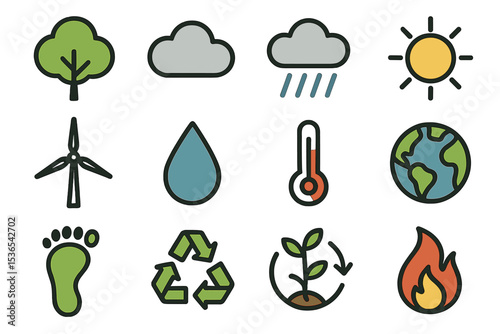 Sustainable icons representing nature, energy, and environmental conservation