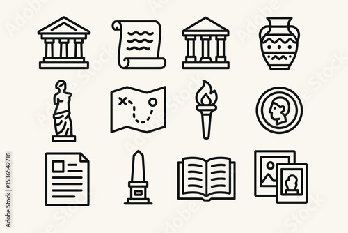 Ancient history icons: temples, artifacts, and maps in simple line art