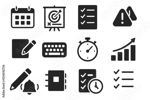 Variety of business and productivity icons including calendar, chart, and stopwatch