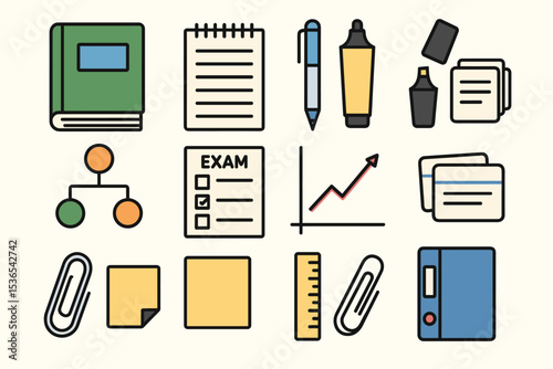 Assorted stationery icons: books, pens, notebooks, highlighters, and office supplies