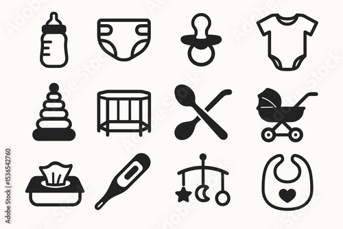 Essential baby icons: bottles, diapers, pacifiers, clothing, toys, and more