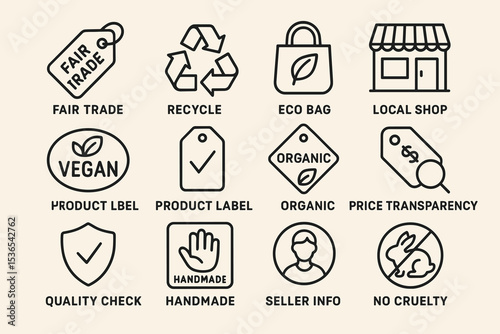 Sustainability icons: fair trade, recycle, eco bag, local shop, vegan, organic
