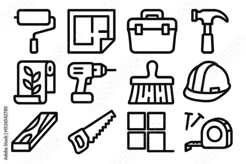 Construction and renovation tool icons on black background