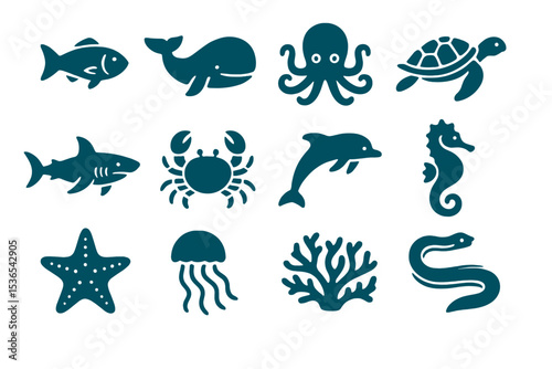 Glowing marine life icons: fish, whale, octopus, turtle, shark, crab, dolphin, seahorse