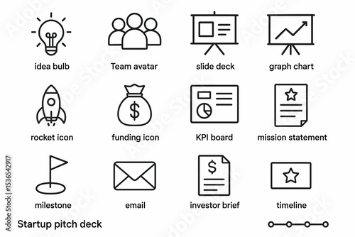 Business icon set featuring startup pitch elements with charts and graphs