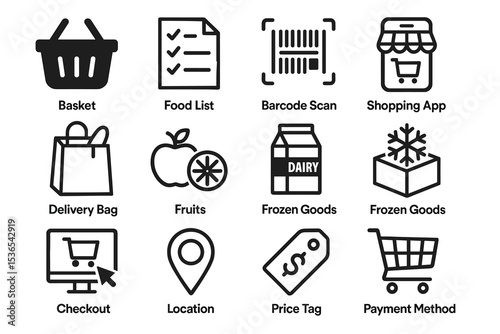 Grocery shopping icons: basket, barcode, checkout, and more