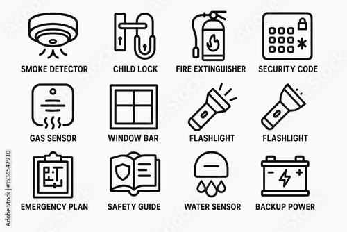 Home safety icons: smoke detector, fire extinguisher, flashlight & more