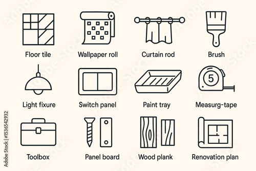 Home renovation tools and supplies icons set