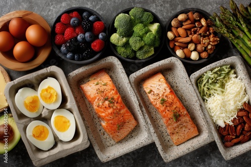 Healthy balanced meal prep with vegetables, fruits, nuts, and proteins

