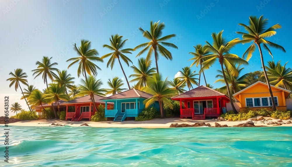 Vibrant tropical beach houses nestled amongst palm trees, lapping waves, sunny sky, bungalow, coastal scene Vibrant tropical beach houses nestled amongst palm trees, lapping waves, sunny sky, bungalow, coastal scene