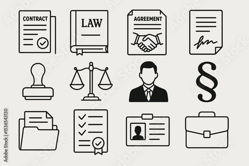 Legal icons set: contracts, law, agreement, and justice symbols