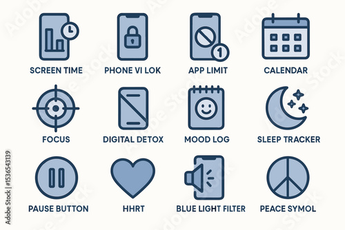 Digital wellbeing icons: screen time, sleep tracker, app limit, mood log, focus