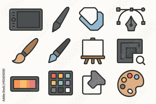 Digital art tools collection: tablet, brushes, palette, canvas, and design elements