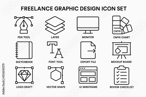 Freelance graphic design icon set: tools and elements overview