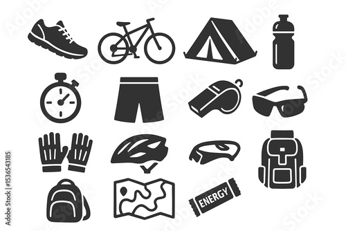 Outdoor adventure icons: camping, cycling, hiking gear in black and white