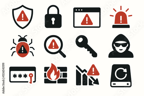 Cybersecurity threat icons collection including locks, alerts, bugs, and firewalls