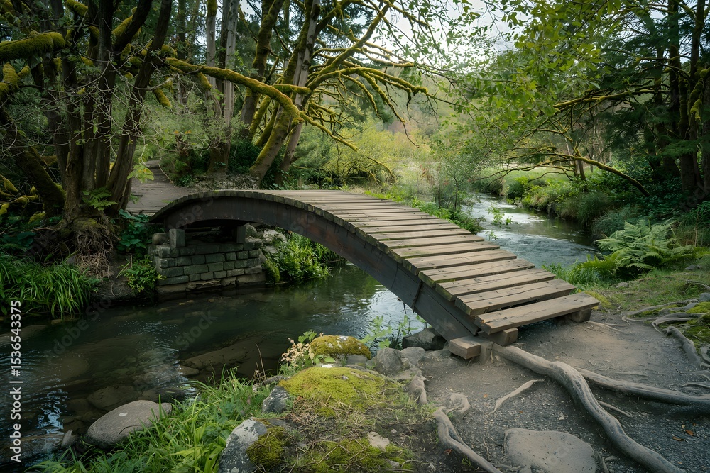 Fototapeta premium Wooden footbridge over mossy creek in lush forest