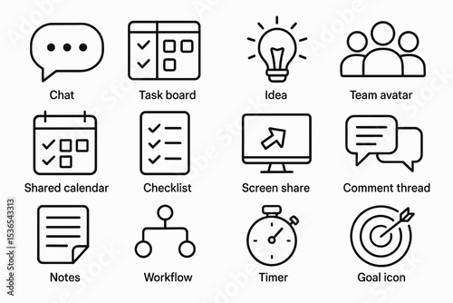 Business icons: chat, task board, idea, team avatar, shared calendar, checklist, screen share